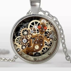 Steampunk Lizard & Gears Silver & Glass Necklace
